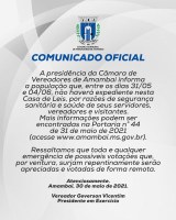 Câmara Municipal de Vereadores suspende trabalhos até o dia 4 de junho por razões de segurança sanitária